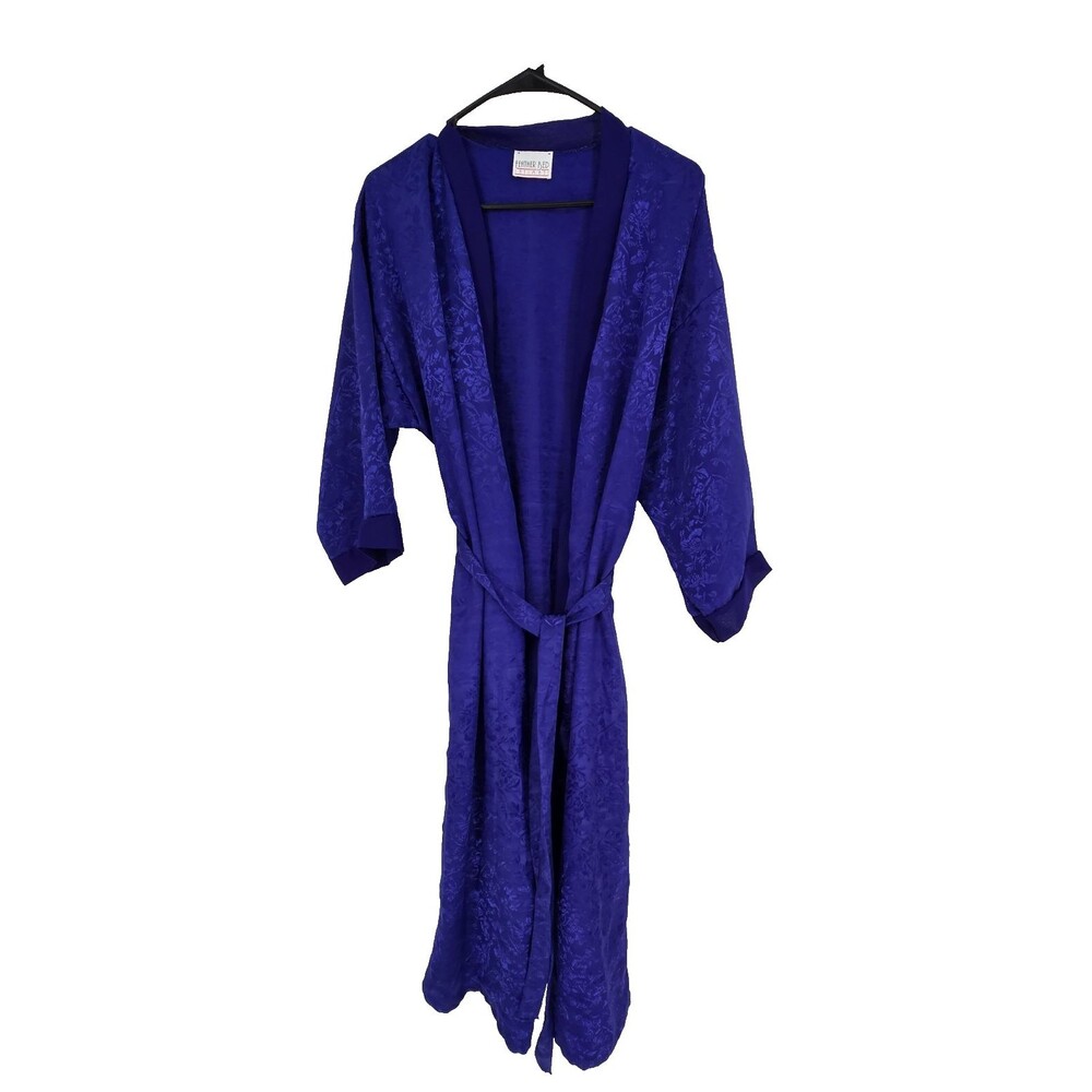 Vintage Ladies Medium Robe Featherbed Intimate Blue Jacquard Kimono Style EUC